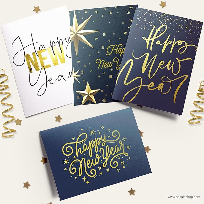 Dessie Boxed Happy New Year Cards - 30 Luxurious Large 5x7 inch Greeting Cards in Vibrant Colors with Gold Foil Accents, Short Greetings Inside. Includes 32 White Envelopes and Sturdy Storage Box