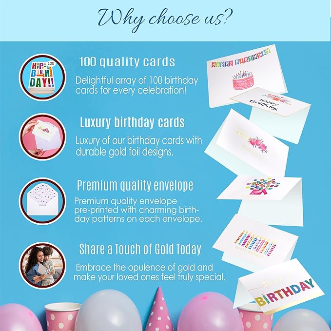 Happy Birthday Cards Bulk with Envelopes, 100 Pack, 10 Unique Gold Foil Designs, Organizer Box, Stickers, and Seals - 4x6 Inches, Thick Card Stock Set, Ideal for Kids, Men, Women, and Elderly