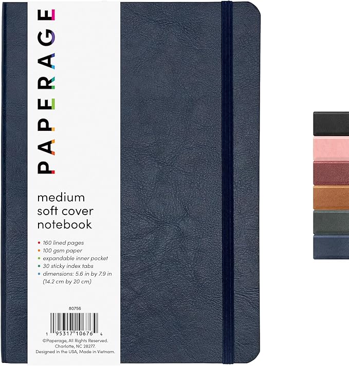 PAPERAGE Softcover Lined Journal Notebook (Navy), 160 Pages, Medium College Ruled Notebook, 5.6 inches x 7.9 inches - 100 GSM Thick Premium Paper, Soft Vegan Leather Journal for Home, Work & School