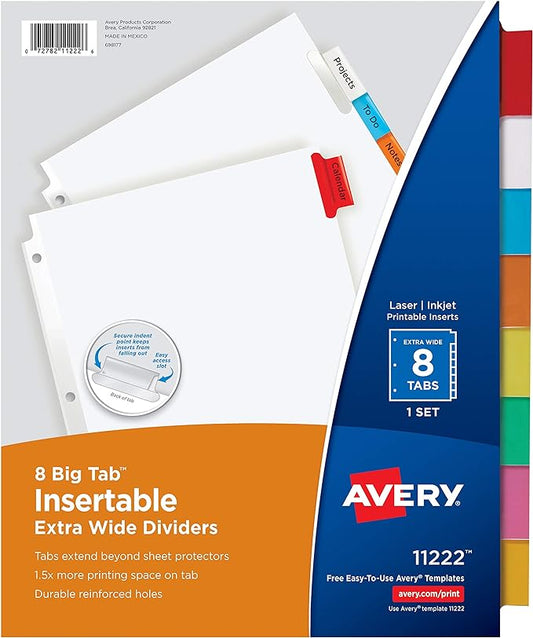 Avery Big Tab Insertable Extra Wide Dividers, 8 Multicolor Tabs, 1 Set (11222)