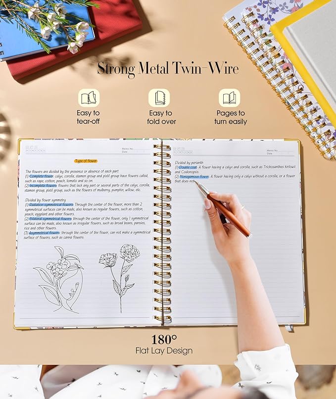 Cute Spiral Notebook Journal for Women, 160 Pages Lined Notebooks 5.75” x 8.38”, A5 Hardcover Spiral Journals with 100 GSM Thick Paper, College Ruled Notebook for Writing Work School, Purple Floral