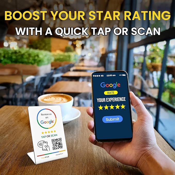 Tap Google Review Stands (5-Pack) by TapFive - Tap for Instant Reviews - All Phones Compatible - Reusable Smart Tap NFC & QR - Boost Business Reviews Zappy Fast - Powered by TapFive (White, 5 Stands)