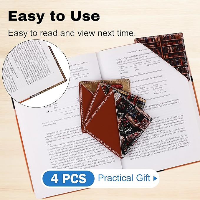 4 Pieces Leather Bookmarks, Cute Book Accessories for Reading Lovers, Page Markers for Women Men Kids Students Teachers Retirement Birthday Gift (Retro Books)