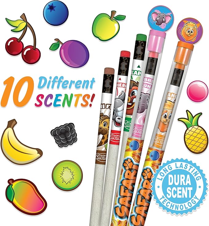 Safari Colored Smencils - Patented Gourmet Scented Colored Fun Pencils - Made from Recycled Newspapers, 10 Count - Gifts for Kids, School Supplies, Classroom Rewards, Student Prizes