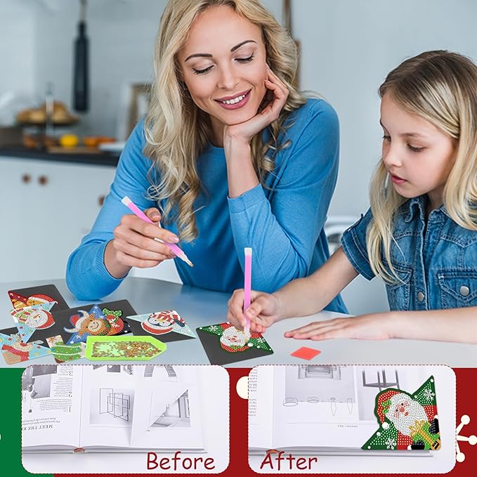 Anseal 8 Pcs Christmas Diamond Art Painting Bookmark, Rhinestone Crystal Corner Bookmarks for Book Lovers, Triangle Embroidery Painting Arts Crafts Book Mark for Kids