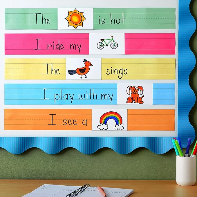 Juvale Colored Sentence Strips for Teacher Supplies, Classroom, Lined Paper Borders for Writing Words (5 Colors, 3 x 24 Inch) - 100 Pack