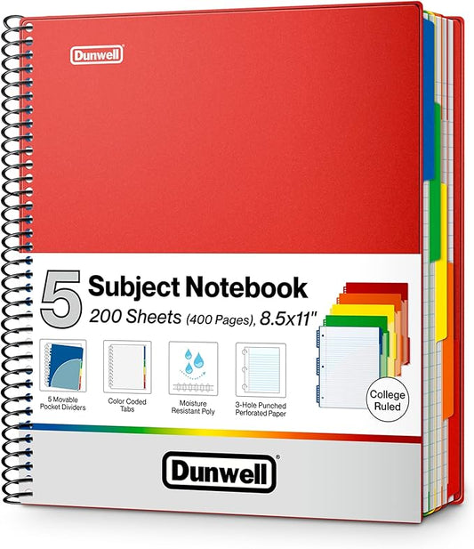Dunwell 5-Subject Spiral Notebook, College Ruled (Red), Colorful Movable Pocket Dividers with Tabs, Front/Back Plastic Covers, 200 Sheets (400 Pages) of 3-Hole Punch Perforated 8.5x11 Paper