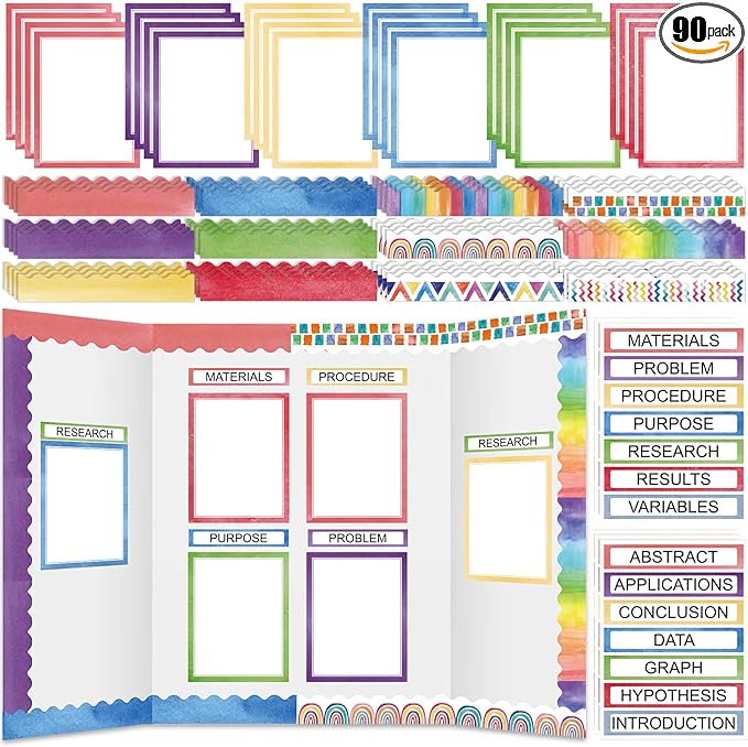 90 Pcs Science Fair Board Supplies 60 Trim Scalloped Bulletin Board Borders 24 Presentation Board Subtitles 6 Science Fair Titles for Classroom Display Boards (Watercolor)