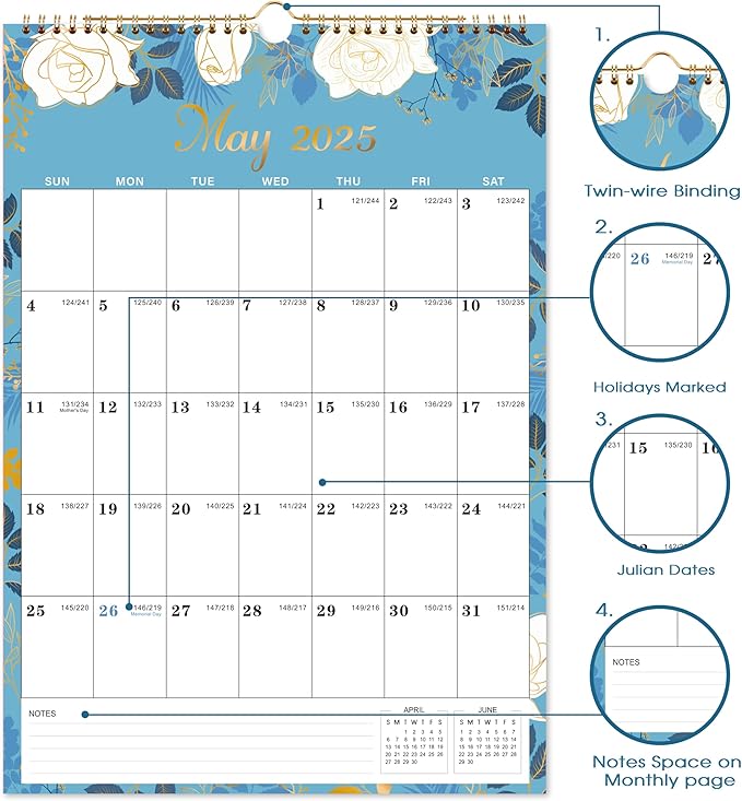 Calendar 2025 - Wall Calendar 2025, 12 x 17 In, Jan. 2025 - Dec. 2025, 12 Months Calendar 2025, Twin-Wire Binding, Hanging Hook, Thick Paper, Unruled Blocks, Julian Dates
