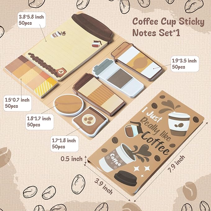 B1ykin Sticky Notes Set - Cartoon Theme Cute Self-Stick Notes Pad Teacher Appreciation Gifts， Self-Adhesive Writing Memo Pages Sticky to Do Notepad for Kids Employee School Office (Coffee)