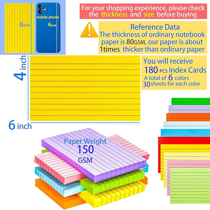 MotBach 180 PCS Ruled Index Cards Flash Cards,4" x 6", Colored Ruled Notecards Study Cards Memo Scratch Pad Lined Studying Record Index Cards To Do List for Home School Office Supplies