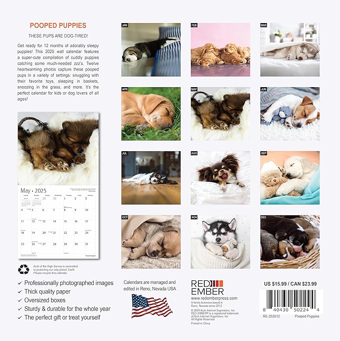 RED EMBER Pooped Puppies 2025 Wall Calendar 12 Month | 12" x 24" Open | Thick & Sturdy Paper | Giftable | Calendar 2025