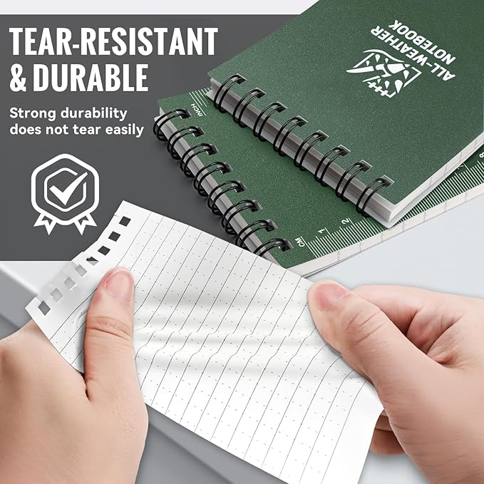 POPYOLA 1 Pack Waterproof Pocket Notebook, 3x5 Pocket Notepad, All Weather Mini Spiral Notepad, Write in the Rain Police Notepad with 100 Squared Pages for Outdoor Home Office School, Green