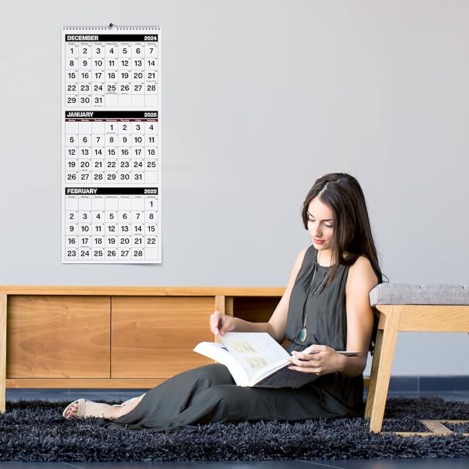 Dunwell Three Month View Calendar 2025 (Black), 11x26" Open, 3-Month Wall Calendar Vertical, Use to December 2025, 3 Panel, Ships Folded
