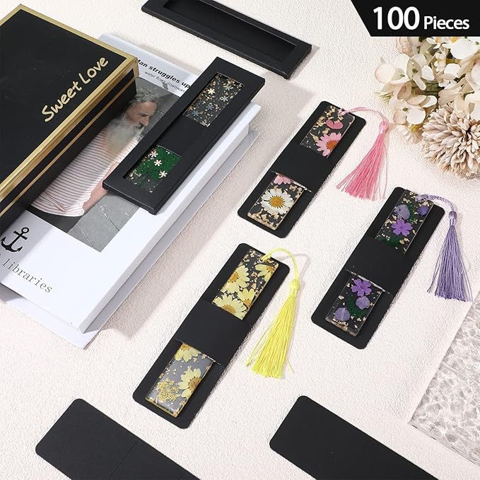 50 Set Kraft Bookmark Sleeves Resin Bookmark Holder 5.9 x 1.8'' Bookmark Cardboard Gift Boxes DIY Bookmark Blank Display Cards for Bookmark Wrapping Gift Supplies(Black)