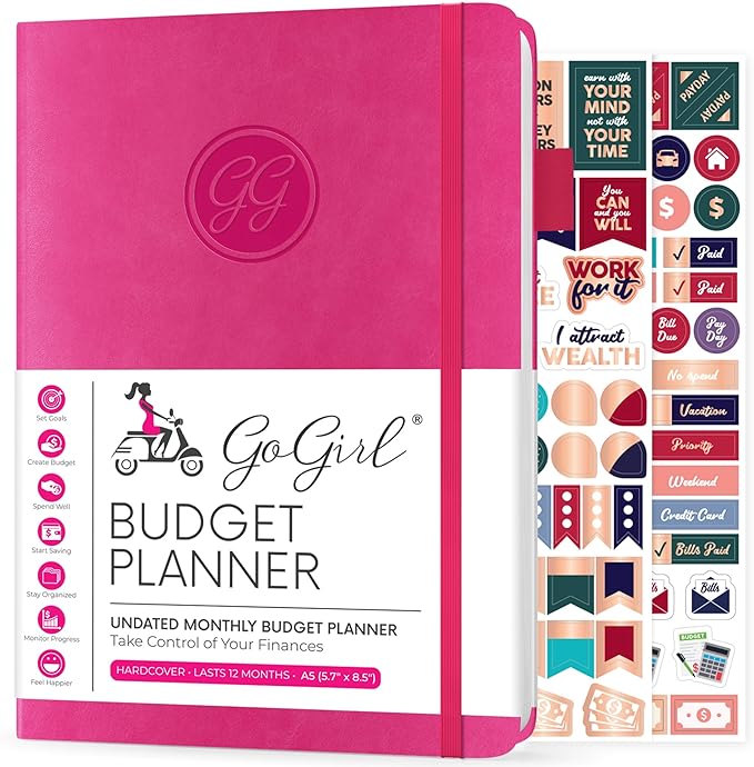 GoGirl Budget Planner – Monthly Financial Planner Organizer Budget Book. Expense Tracker Notebook Journal to Control Money, A5 (Hot Pink)