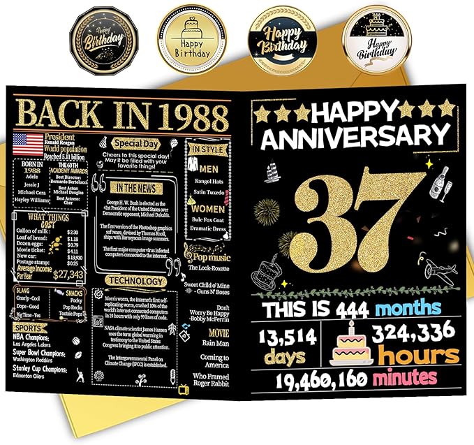 Joycard 37th Anniversary Card for Women Men, Gold Wedding Card for Wife Husband, Sweet Marriage Decorations Gifts for Couple, Perfect for Her Him on Anniversary Day, Back in 1988