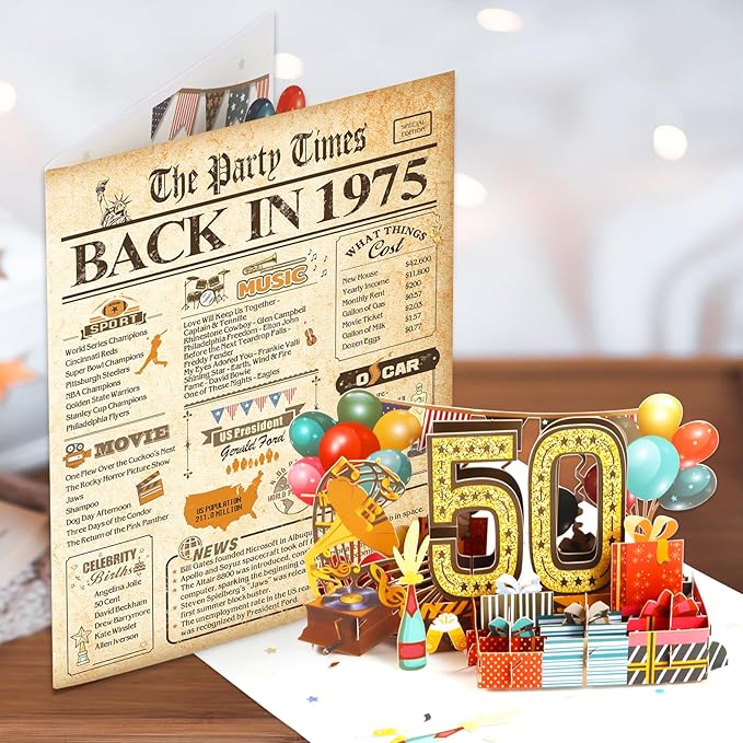 50th Birthday Card for Men Women, 3D Pop Up 50th Birthday Gifts Cards for Him Her, Back In 1975 Funny 50 Year Old Birthday Decorations, Classy Vintage