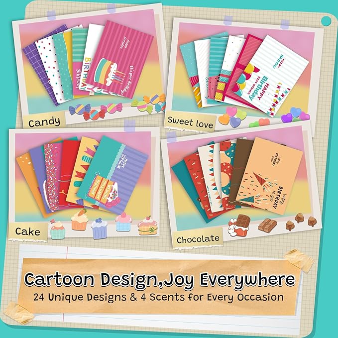 24 Pack Scented Birthday Cards with Envelopes & Stickers, 4x6 Inch Bulk Scratch and Sniff Greeting Cards, Happy Birthday Notes for Family, Kids, Friends, Parties and Office Celebrations