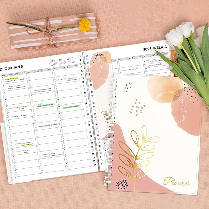SUNEE 2025 Appointment Book, Quarter-Hourly, Weekly & Monthly - from January 2025 - December 2025, 8.5"x11" Weekly Planner, Flexible Cover, Note Pages, Pockets, Bookmark, Spiral Binding, Pink Breeze