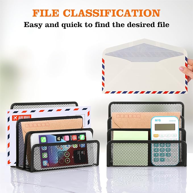 2 Pieces Desk Mail Organizer, Metal Mesh Small File Holders Letter Organizer, Bill/Document/Filing/Folders/Paper Organizer for Desktop (BLACK-2PCS)