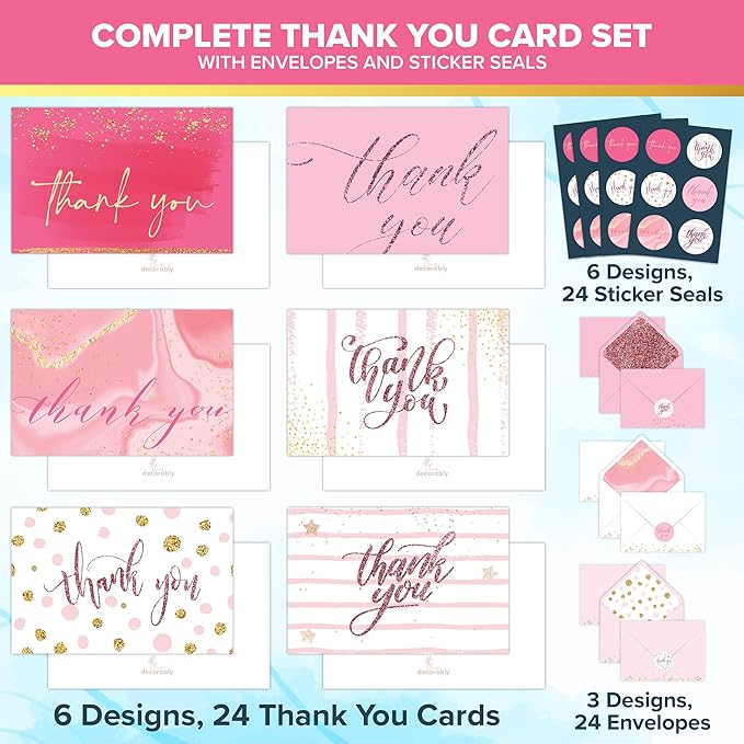 Decorably 24 Pack Glittery 6x4in Pink Thank You Cards with Envelopes and Stickers, 6 Elegant Designs Pink Thank You Notes, Blank Inside - Wedding, Baby Shower, Birthday