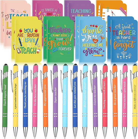 Funrous 32 Pcs Motivational Quote Pens Inspirational Notepads Mini Journal with Ballpoint Pen Small Notebooks Gift Set for Men Women Coworkers, Adult Party Favors Prizes Gift Bulk(Teacher)