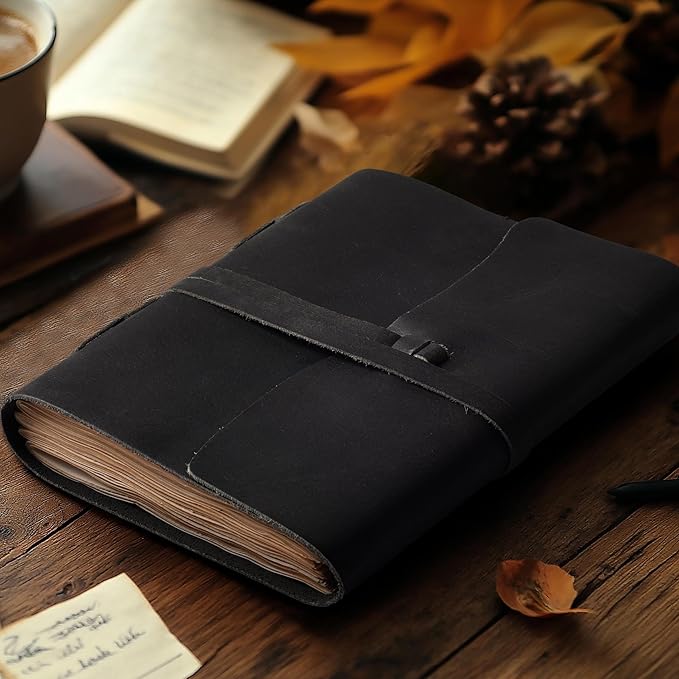 LEATHER VILLAGE Leather Bound Journal - Black, 13"X8", 220 Pages - Vintage Blank Paper Diary for Writing, Drawing, Sketchbook, and Travel Notebook - Ideal for Women and Men