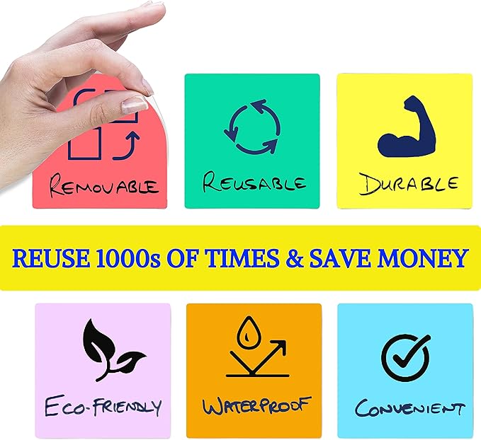 Reusable Dry Erase Sticky Notes - 6 Pack of 4 x4 Multicolor Adhesive Notes - Small Whiteboard Stickers for Labels, Lists, Reminders, and Decals