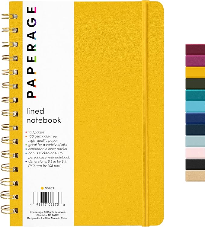 PAPERAGE Lined Spiral Journal Notebook, (Yellow), 160 Pages, Medium 5.5 inches x 8 inches - 100 GSM Thick Paper, Hardcover, Double-Wire Spiral Journal & Notebook
