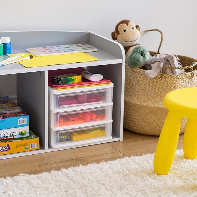 IRIS USA Plastic Stacking Desk Top 3-Drawer Storage Organizer, 1-Pack, for Makep Vanity Nail Polish Bathroom Stationery Art Craft Supplies Kitchen Office Garage and Small Organization, Medium, White