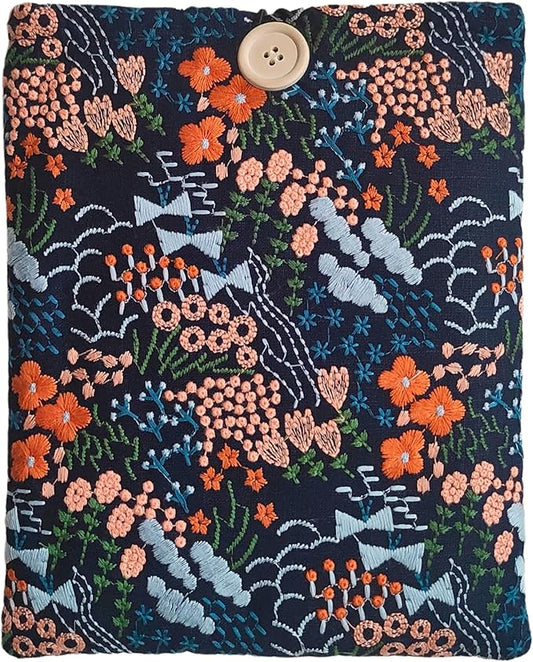 Floral Embroidered Canvas Book Sleeve - Elegant Book Cover, Padded Protector for Paperbacks & Hardcovers, Ideal for Book Lovers, Wooden Button (Meadow, Blue, Large)