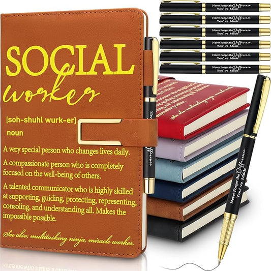 Chuangdi 6 Sets Social Worker Appreciation Gift Bulk A5 Leather Journal Notebook with Metal Buckle Ballpoint Pen Thank You Inspiration Gift for School Social Worker Graduation Nursing Volunteer BSW