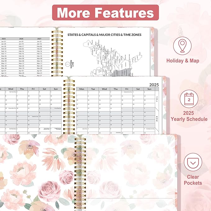 SUNEE 2025 Weekly and Monthly Planner - from January 2025 - December 2025, 8.5"x11" Daily Agenda Planner with Monthly Tab, Flexible Cover, Note Pages, Pockets, Bookmark, Spiral Binding, Floral