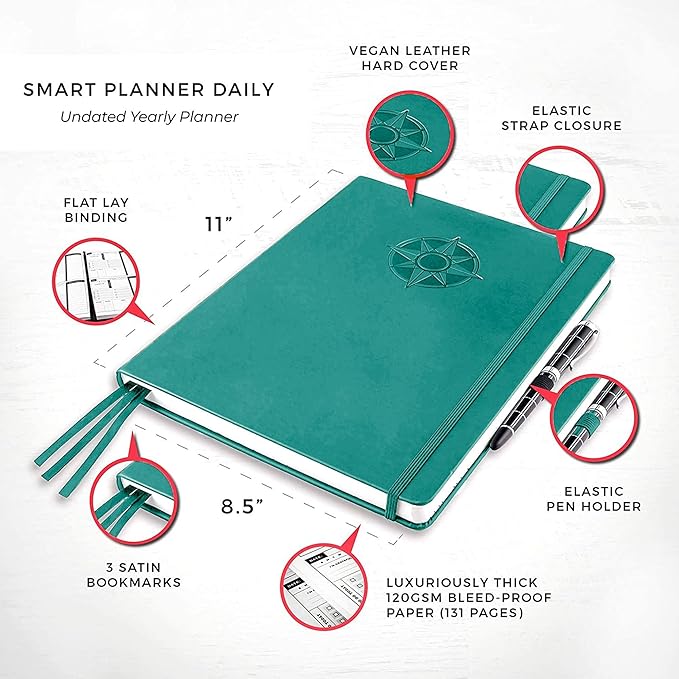 Smart Daily Planner - Achieve Goals & Increase Productivity, Time Management & Happiness - Weekly Monthly Day Planner with Gratitude Journal, Hardcover, Undated Business Planner