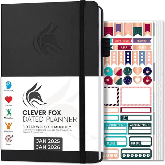 Clever Fox Dated Planner 2025-2026 – Weekly Life Planner Notebook for Goal Setting & Time Management – Planner with Habits Tracker, to-do List & Dated Pages – A5, Lasts 1 Year (Black)