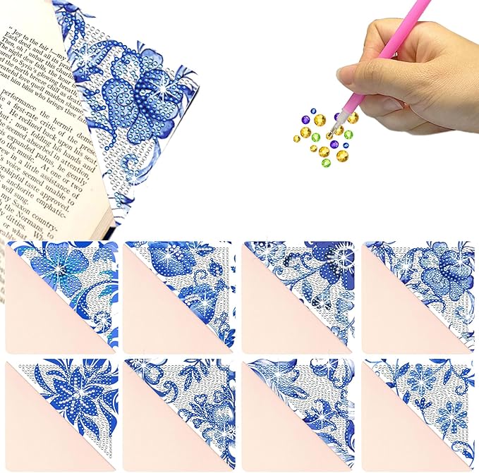 Diamond Art Painting Bookmarks,8Pcs DIY Cute Diamond Art Kits for Adults, Corner Bookmarks Small Crafts Kit for Women Book Lovers (Blue Floral)