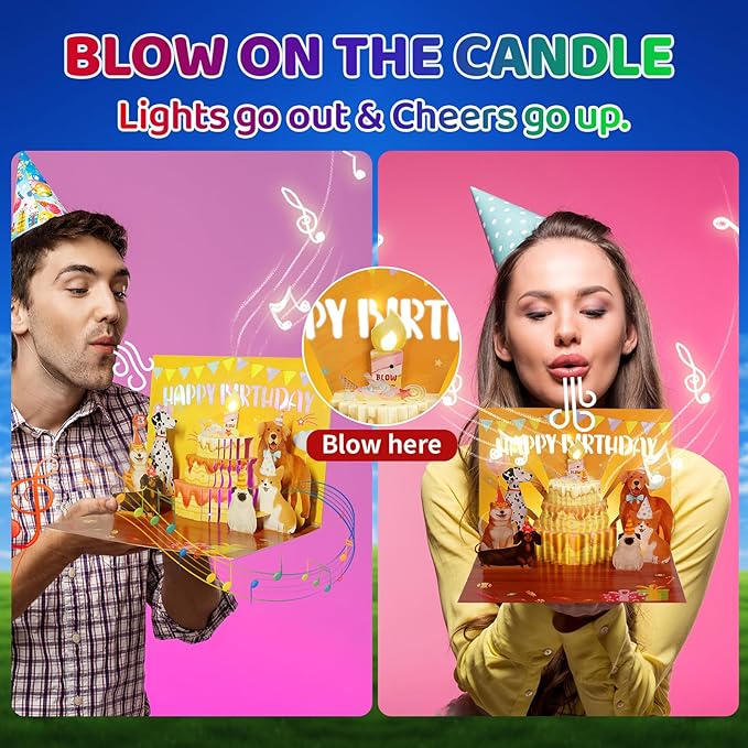 Musical Birthday Cards, Funny Dog Blowable Candle Pop Up Greeting Cards With Colourful Lights, Birthday Gifts for Kids Men Women Mom Dog Lover and Dad