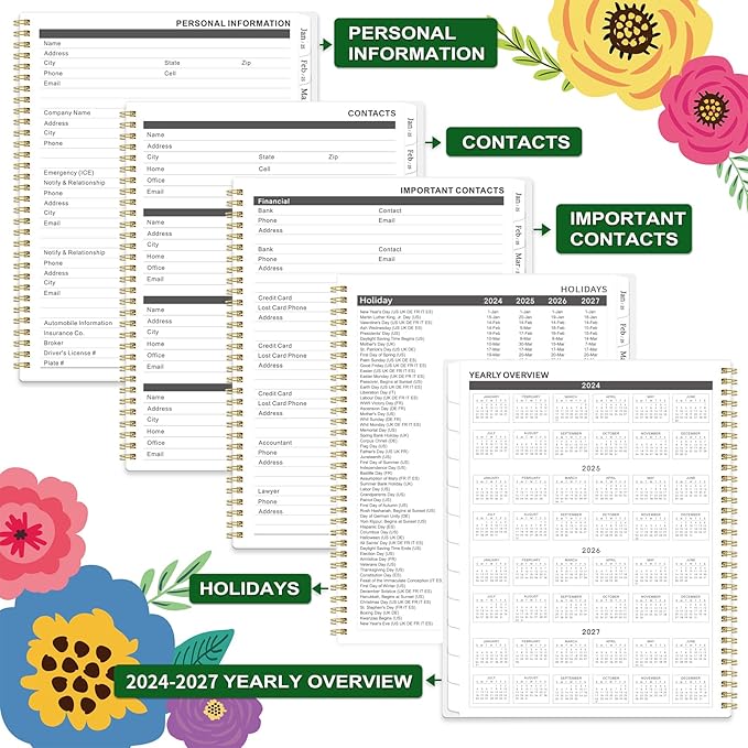 Tullofa Monthly Planner/Calendar 2024-2027 - Jul. 2024 - Jun. 2027, 3 Year Monthly Planner, 9" x 11", 2024-2027 Monthly Planner with 36 Months + Tabs + Double-side Pocket + Flexible Cover - Floral