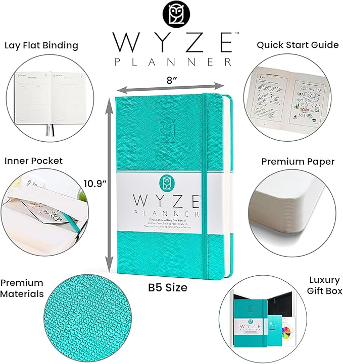 Pro - Goal Setting Planner to Increase Productivity and Achieve Personal and Business Goals. 12 Month Undated Daily, Weekly and Monthly Journal Organizer with Calendar (Turquoise)