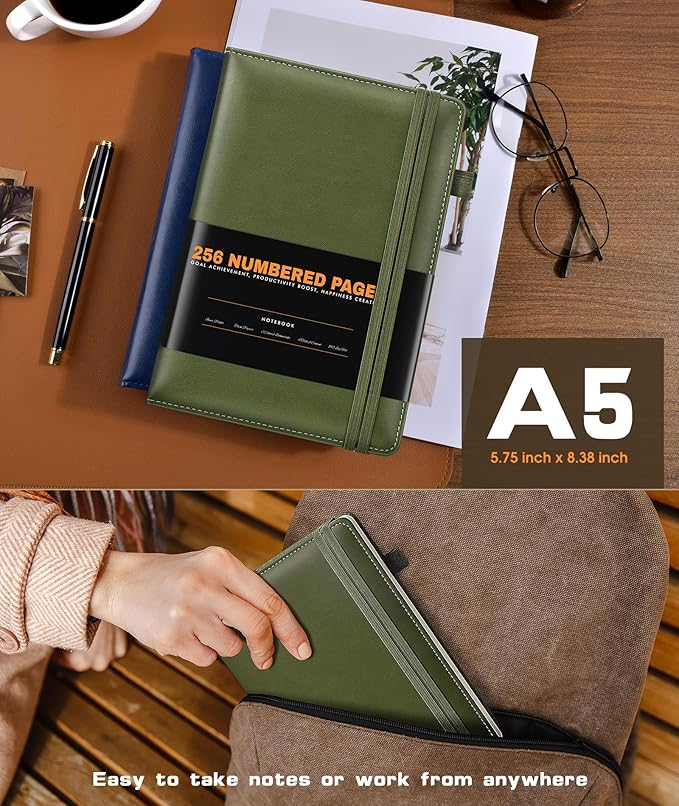 Lined Journal Notebook for Women Men, 256 Numbered Pages Hardcover Leather Journals for Writing, A5 Journaling Notebooks, College Ruled Journal for Business Work School 5.75" x 8.38" Olive Green