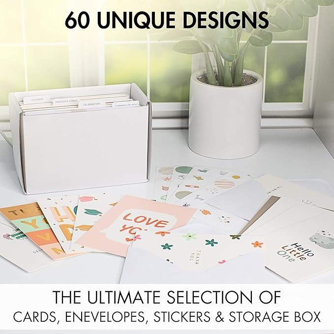 KIBAGA Beautiful Greeting Cards Set of 60 with Envelopes & Stickers - Tasteful Assorted Blank Note Cards - Perfect Get Well, Congratulations, Holiday & More Stationary Cards For All Occasions