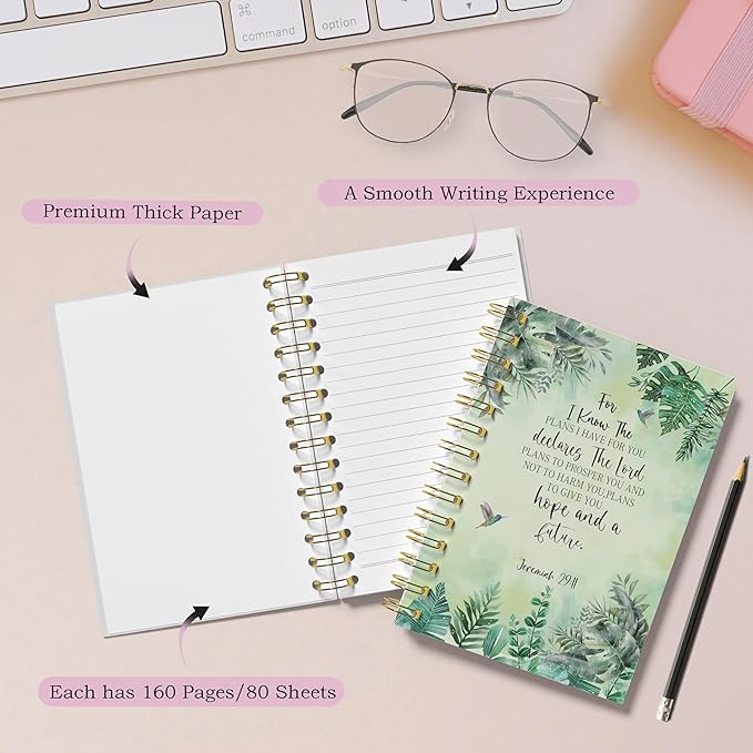 Christian Bible Journals for Women, Prayer Journal for Women, for I Know the Plans I Have for You, Bible Notebooks for Note Taking, Green Tropical Leaves Hardcover Spiral Notebook 5.5x8.3