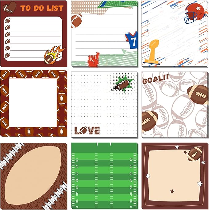 Thenshop 9 Pads Sport Sticky Notes Ball Self Stick Notepads 3x3 Inches Notes Cute Adhesive Memo Pad Gifts for Office Sports Birthday Party Favors(Football)