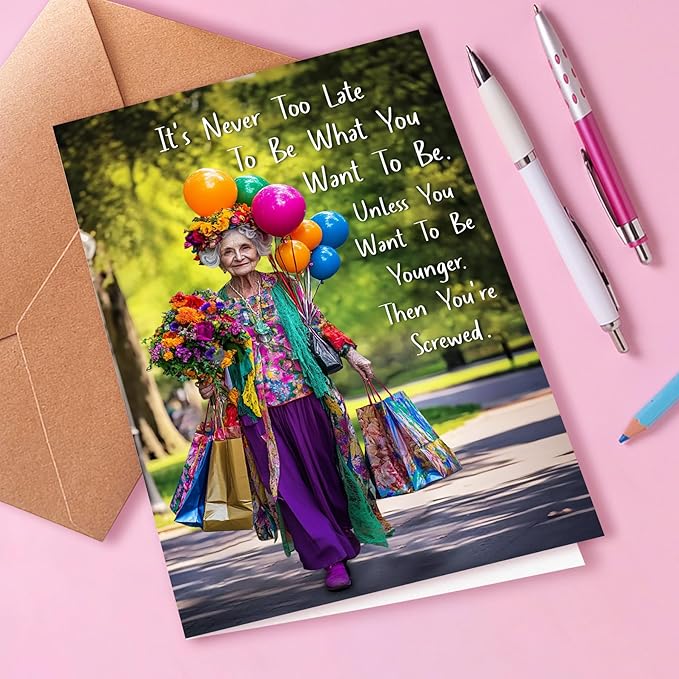 Funny Birthday Card for Old Women, 60th-90th Birthday Greeting Card, Modern Style, 5x7 inches, Blank Inside, Envelope Included