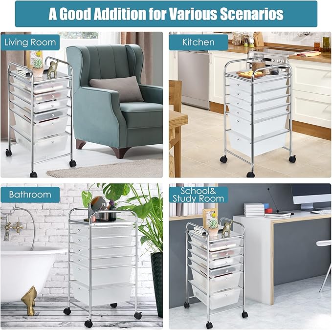 Julimoon 6 Drawers Rolling Storage Cart, 6-Tier Mobile Storage Drawers & Craft Organizers, Multipurpose Plastic Utility Cart with Wheels for Home, Office, Classroom & Garage (Clear)