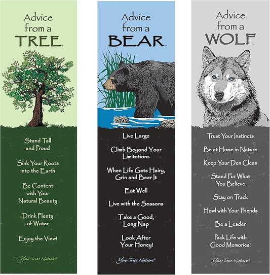 Advice from Nature 3 Bookmark Nature Set, Laminated with Glossy Finish, Printed on Recycled Paper - Bear, Wolf, Tree (AMBM-NATURE)