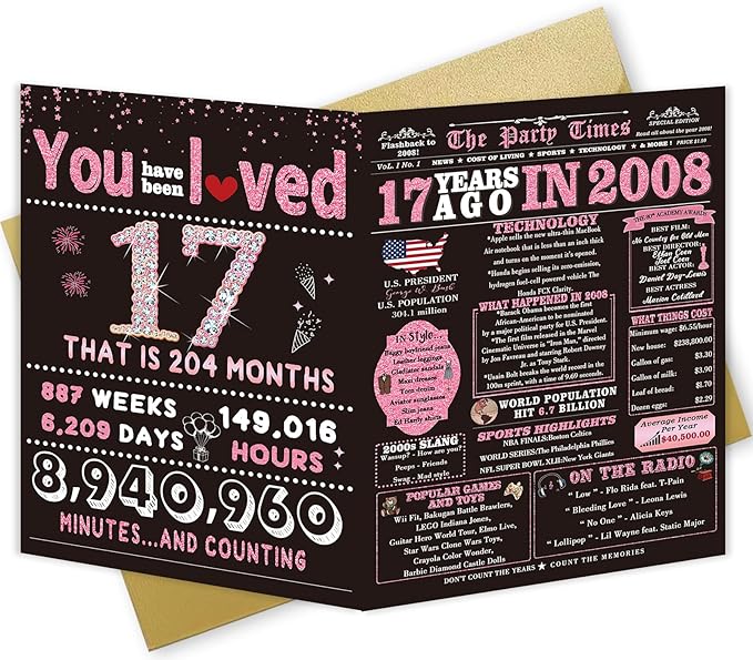 17th Birthday Card Gifts for Girls, Daughter, Niece, Granddaughter, 17th Birthday Decorations for Girls, Large Birthday Card for 17 Year Old, Funny Back in 2008 Birthday Card, Rose Pink Gold