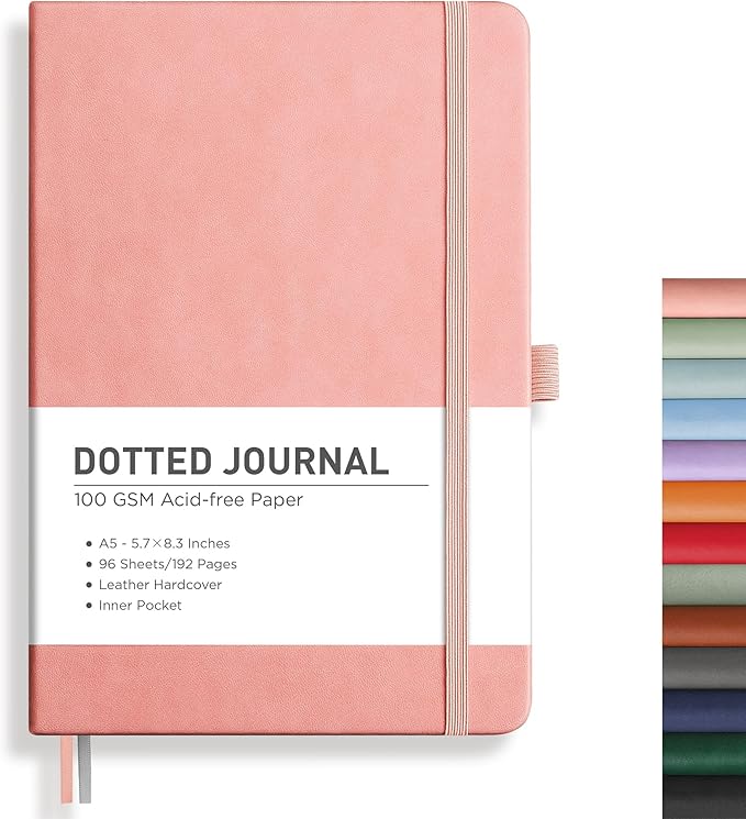 RETTACY Bullet Dotted Journal, A5 Dotted Notebook Journal with 192 Pages, 5.7'' × 8.3'', Medium Size, 100 GSM Thick Paper, Leather Hardcover, Bullet Journaling, Planning (Pink)
