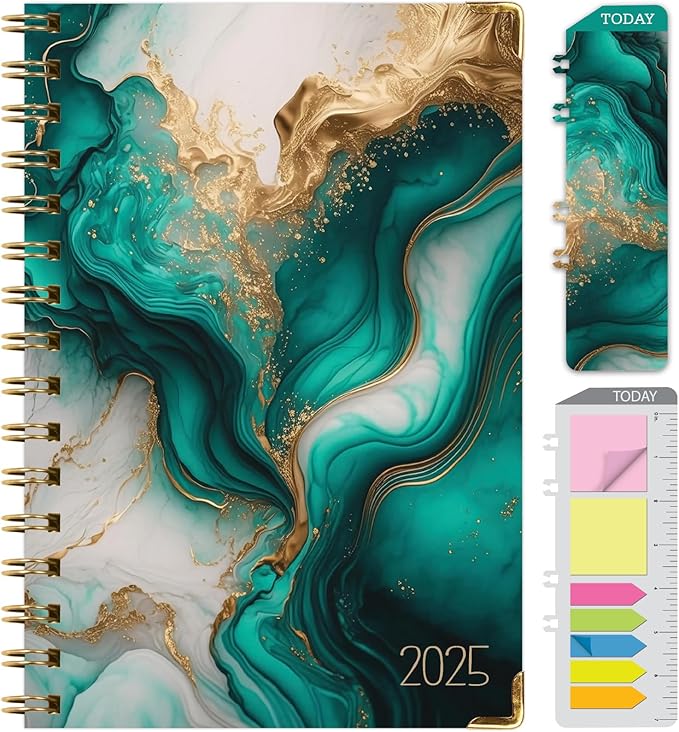 HARDCOVER 2025 Planner, 5.5"x8": 14 Months (November 2024 - December 2025), Daily Weekly Monthly Planner, Yearly Agenda, Bookmark, Pocket Folder and Sticky Note Set (Teal Gold Marble)